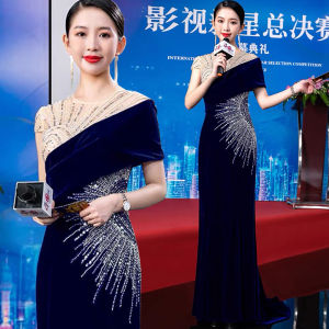 Evening Dresses For Women Trumpet Trendy Banquet Host Show Performance Elegant Velvet Luxury Niche Female Mermaid