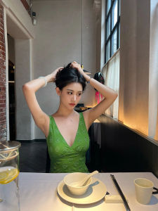 Pu Zhishan Pushan Pure Desire Adult Lady like Woman Mustard Green V Neck Print Dress Mint Manbo Style Wear Short Skirt