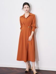 Elegant Long Sleeve Shirt Dress Womens Commute OL Style A-Line Midi Dress Polo Collar Elastic Waist Spring Autumn Fashion