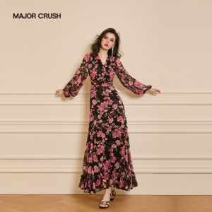 Sundress Holiday Style Floral V-neck Puff Sleeves Dress
