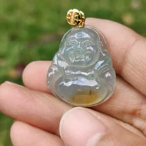 Rare Old Pit Icy Translucent with Yellow and Light Green Hue Collectible Natural Type A Jadeite Jade crafted as Milo Buddha added with 18k Gold Clasp as Pendant certificate weighs 6.09 grams measurement 26.8 * 23.2 * 6 mm (18kp63)