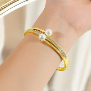SEQUITO Delicate Golden Micro Paved Tiny White AAAAA Zircon Fashion Women Pearl Bangle Evening Party Wrist Jewelry B348