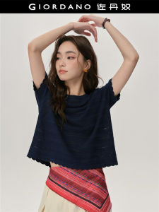 Designer Giordano Hollow out Knitted Top Womens round Neck mid Sleeve Fashionable Hollow out Knitwear Polyester Viscose Blend