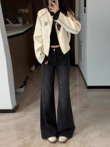 สีดำ ผ้าขนแกะ Bootcut มีเส้น กางเกงยีนส์ ผู้หญิง ฤดูใบไม้ร่วง ฤดูหนาว พรางหุ่น ขากว้าง กางเกง สูง เอว หลอดตรง สไตล์การเดินทาง แฟชั่นเกาหลี