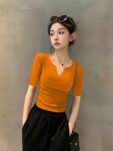 Summer New Black V-neck Mid-sleeve Pure Cotton Slim-fit Five-quarter Sleeve T-shirt Womens Trendy Short-length Innerwear Top