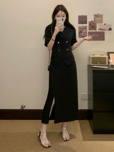 AIYITI | Fashionable Summer Outfit Set Womens Midi Dress Short Sleeve Suit Black Top Half-length Skirt Korean Style Commute A-line Skirt