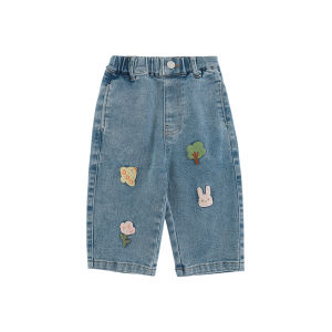 Adorable Cartoon Embroidered Denim Jeans Casual Soft Skin-friendly Active Casual Pants for Girls Spring Autumn Trendy
