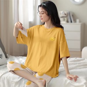 Womens Summer Sleepwear Short Sleeve Cotton Pajamas Seven-Foot Pants Full Cotton Home Clothes 2023 New Style Comfortable Breathable