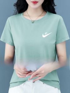 เสื้อยืดแขนสั้นผ้าไหมน้ำแข็งสีพื้น NK สำหรับผู้หญิง ฤดูร้อน 2024 ใหม่ เสื้อสปอร์ตคอตตอนหลวมๆ ทรงหลวมๆ แขนสั้น คอกลม