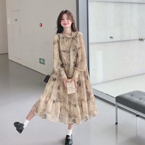 French Romantic Floral Print Dress Womens Autumn New Design Sensation Sash Sweet Temperament Flower Skirt Fairy A-Line Dress