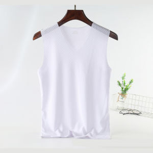 Large Size Without Trace Ice Silk Vest Men Mesh Square with the Cut V-Neck Breathable Elastic Thin Section Sleeveless 5xl White