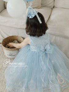 YOEHYAUL | Blue Breathable Sleeveless Tulle Party Dress with Glitter
