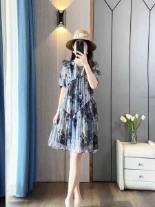 Elegant Floral Print Mini Dress Slimming High Collar Short Sleeve A-Line Skirt Cotton Blend Summer Fashion for Young Women