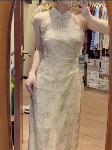 New Chinese Style Improved Cheongsam Dress Womens Retro Chinese Republican Style Elegant Buckle Slim Looking Back Slit Suspender Skirt