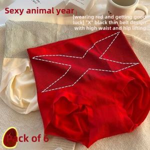 Red High-Waist Cotton Underwear Womens Triangle Briefs Comfortable Crotch Absorbent Belly Button Lifting Butt Shaping Shorts