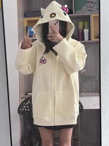 Ban Đầu Dễ Thương Mèo Kitty Dễ Thương Thêu Mở Áo Khoác Cardigan Áo Hoodie Nữ Rộng Rãi Phong Cách Hàn Quốc Áo Khoác Ngoài Mùa Thu Mùa Đông Hàng Mới Về