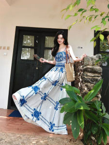 Elegant Chinese Style Floral Print Wrap Dress Summer Beach Vacation Long Skirt Draped Gown Womens Fashion Spring Autumn