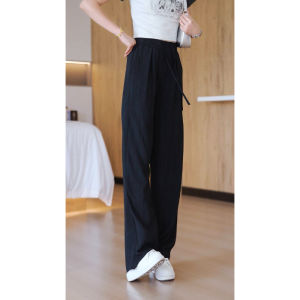 High Waist Wide Leg Pants Womens Spring Summer Autumn Grey Linen Ice Silk Floor-Length Lazy Loose-Fit Casual Trousers