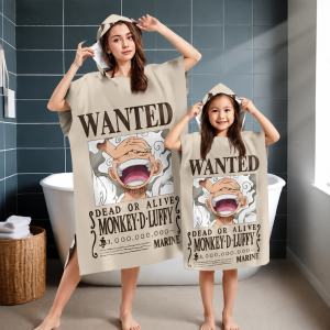 Bandai | One Piece Luffy Gear 5 Wanted Poster Hooded Bath Towel Parent-Child Bounty Anime Microfiber Quick Dry Absorbent Poncho Robe