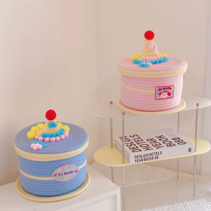 Cute Home Small Cake Storage Basket Cartoon Cloth Large Capacity Storage Box Fun Desktop Knitted Basket Bucket with Lid