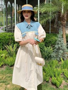 YINLUOYA | French Style Summer 2025 Womens Denim Patchwork Long Dress Shirt Design Slimming A-Line Skirt High Waist Short Sleeve Polo Collar