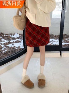 Retro Woolen Gingham Skirt Fall and Winter Plus Size Ladies Red Pattern A- line Skirt Western Style High Waist Slim-Fit Skirt Long