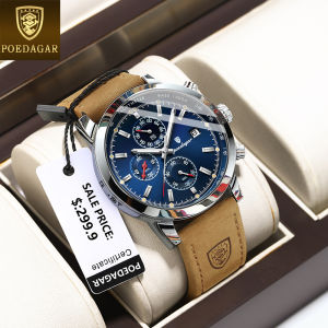 POEDAGAR multifunctional watch for men waterproof original genuine leather fashion chronograph calendar luminous function sports watch