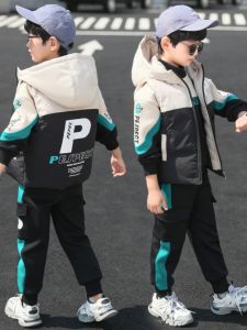 Thickened Autumn Winter Childrens Three-piece Set Fleece Lined Boys mid Large Size Trendy Winter Warm Cotton Sportswear