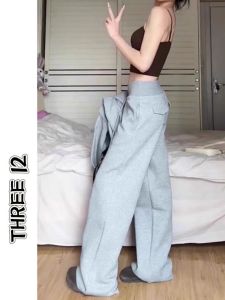 กางเกงขายาวทรงหลวมเอวยางยืดสีเทาสำหรับผู้หญิง ทรงหลวมสบาย ๆ ทรงสลิมฟิต กางเกงขายาวทรงสปอร์ต ฤดูใบไม้ผลิและฤดูร้อน 2025