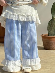 Girls Plaid Straight Leg Pants Spring Style Baby Kids Loose Wide Leg Long Trousers Korean Style Lace Edge Casual Cotton