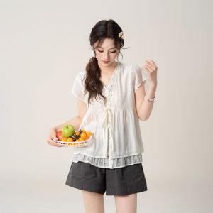SHANGWEILUO | Flattering Loose Dot Pattern Shirt Pink Womens Short Sleeve Blouse