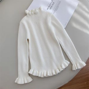 Girls High Collar Knitted Sweater Short Style Spring Autumn Fashionable Base Layer Shirt Floral Edge Design Childrens Wear