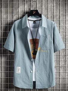 ROMON | Lormen Mens Ice Silk Short Sleeve Shirt Summer Thin Casual Handsome Workwear Iron Free Fashionable City Style Polyester Fiber