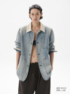 Classic Vintage Patchwork Deep Blue Denim Jacket Loose Fit Youth Trend Casual Outerwear Long Sleeve Collar Spring Autumn Winter