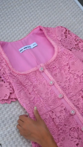 MG123-0324 : เดรสสีครีม Pink Rose Lace Dress With Crepe Skirt