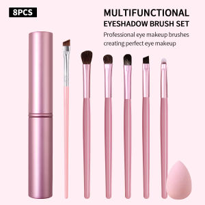 8pcs Pink Eyeshadow Makeup Brush Set Soft Synthetic Fibers With Metal Storage Tube & Makeup Sponge Portable Eye Cosmetic Beauty