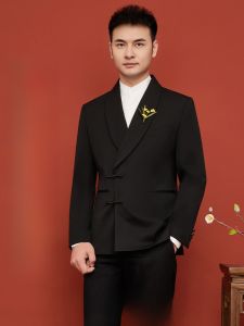 New Chinese Style Wedding Suit for Men Business Formal Groomsmen Attire Korean Version Two Button Single Row Buttoned Fashionable Urban