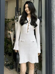 Autumn Winter White Knitted Dress Elegant Ladylike Rich Girl Style French Chic High Waist A-Line Skirt Long Sleeve round Neck