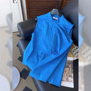 Áo sơ mi PAIBOLI không tay cổ đứng và có màu xanh phong cách Pháp