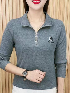 Spring and Summer New Arrival Womens Western Style Half Zipped Stand Collar Knitting Bottoming Shirt G Middle-Aged Mother Clothes Slimming Long Sleeve Top