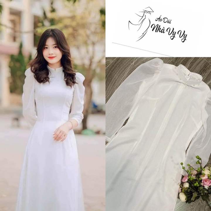 Áo dài trắng tay bồng 4 tà,cổ áo đính ngọc, học sinh,chụp kỷ yếu, đồng ...