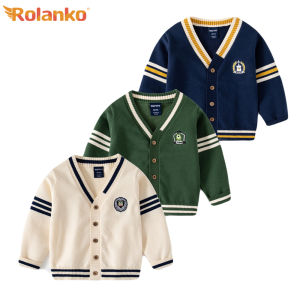 Rolanko เสื้อโค้ทกันลมแขนยาวคอวีแบบติดกระดุมสำหรับเด็กหัดเดิน1-8ปีเด็กฤดูใบไม้ผลิฤดูใบไม้ร่วงเสื้อผ้ามหาลัยเสื้อสเวตเตอร์ถักคลาสสิค