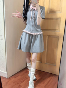 Y6Y | Gray College Style Short Sleeve Dress Womens Set Summer Fashion Mini Skirt Cute Pure Color Cotton Polyester Spandex Blend