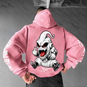 เสื้อฮู้ดดราก้อนบอล มาจินบู สีชมพู พิมพ์ลายด้านหลัง พร้อมข้อความโลโก้ M ที่แขนเสื้อ สำหรับผู้ชายและผู้หญิง สไตล์อนิเมะ สตรีทแวร์ เสื้อสเวตเชิ้ตลำลอง