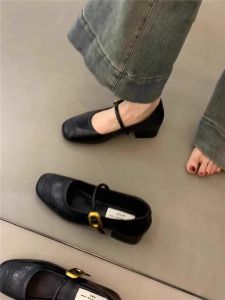 Sheepskin Version Commute Work Shoes Womens Spring Autumn Bean Peep Toe Chunky Heel Fashionable Sweet Style Slip-On Shoes