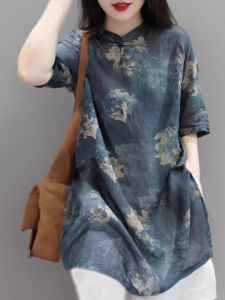 Chinese Vintage Style Long Sleeve Shirt Womens Thin Cotton Linen Spring Summer Print Asymmetrical Hemline Zen Spirit Top