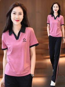 ชุดกีฬาลำลองฤดูร้อน 2025 ชุดสองชิ้น แขนสั้น แฟชั่น ลดอายุ กระชับสัดส่วน สำหรับผู้หญิง ชุดกีฬาลำลอง ชุดทำงาน