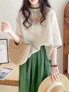 Áo Sơ Mi Cotton Lanh Rộng Rãi Thêu Hoa Cổ Tròn Tay Giữa Mùa Xuân Hè Mới Về Phong Cách Nghệ Thuật Cổ Điển Ngọt Ngào Cho Nữ