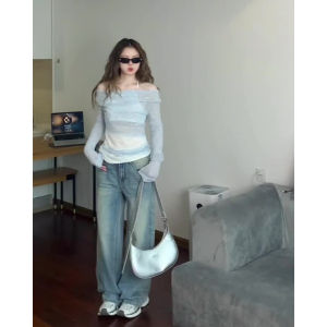 Summer Fashion Dopaamine Sweet And Spicy Girl One Shoulder Hanging Neck Top Fake Two-Piece T-Shirt Women Ballet Style Long Sleeve