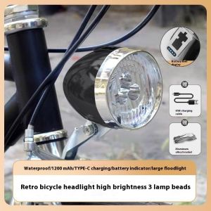 EELHOE | New 3LED Retro Bicycle Headlight Type-C Charging Vintage Classic Bikes HeadLamp 3 Light Modes Front Light Cycling AccessoriesAcc